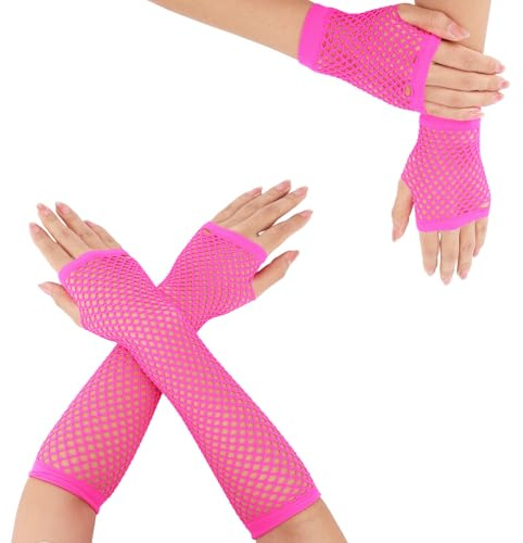 Mikovivi 2 paia di Guanti a Rete Senza Dita per Donna, Lunghi e Corti Maniche a Rete, Anni '80 Costumi Abiti e Accessori Stile Gotico Punk Emo Guanti da Festa (Rosa Shocking)