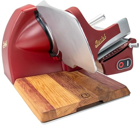 Berkel Home Line 200 Plus Affettatrice - Rosso Opaco - Elettrico & Compatto - Ideale per prosciutto, verdure e formaggi - Affettatrice di design con tagliere in legno di quercia fatto a mano