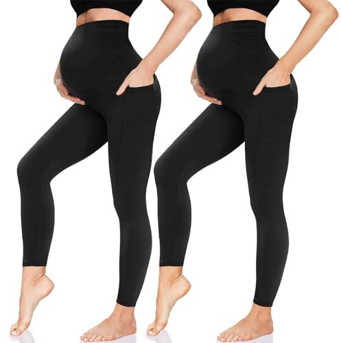 QGGQDD Maternity Leggings Over Bump with Pockets High Waisted Pregnancy Leggings for Women Gym Yoga Pants(Black*2,3XL)