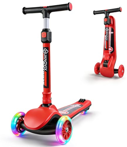3 Wheel Kids Scooter-Foldable Kids Scooter for Girls Boys Ages 3-12 with Flashing PU Wheels, and Height Adjustable Handlebars, Safe Lean to Steer Design, Extra-Wide and Non-Slip Pattern Deck (Red)
