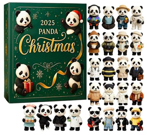 Panda adventskalendrar 2025, 24 dagar jul nedräkningskalender med 2D akryl panda-prydnad, söta figurer i olika kläder hängande hänge för julgransdekorationer