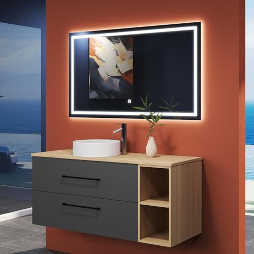 HAPAOSO Ensemble de Meubles de Salle de Bain Suspendu 120x46x52 cm avec Vasque Céramique，2 Tiroirs et Rangements Ouverts,Casier Bicolore Teinte Bois et Anthracite，Miroir LED Dimmable