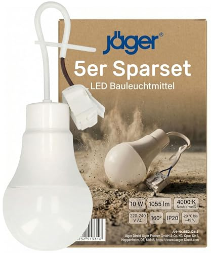 JÄGER 5 x LED-bygglampor, konstruktion med ljuskälla, byggarbetsplat, bygglampa, renovering, ersätter E27-sockel och lamputtag E27 med kabel, 10 W, 4000 K neutral vit, okrossbar