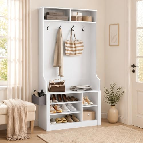 Xbro Appendiabiti Ingresso con Panca e Scarpiera, Attaccapanni da Terra Salvaspazio con 4 Ganci e 5 Ripiani Regolabili, Mobile Ingresso per Entrata e Corridoio, 90x30x183 cm, Bianco Nuvola