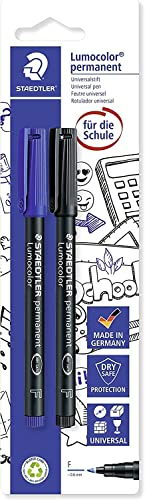 STAEDTLER permanenter Universalstift Lumocolor, wisch- und wasserfest, sekundenschnell trocken, nachfüllbar, Linienbreite 0,6 mm, 2 Marker blau/schwarz auf Blisterkarte, 318 ASBK2D