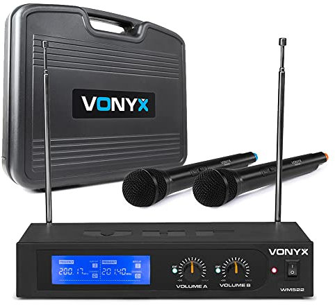 Vonyx WM522 Wireless Microphone System - Dual Handheld VHF Mics Kit with Receiver, Clear Audio for Karaoke, PA, Speech, Events, Includes Carry Case