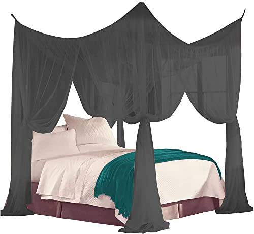 Just Relax Four Corner Post Decorative Elegant Bed Net Canopy Set, Fits Full, Queen and King Sizes, Can Be Used With or Without Four-Post Bed (Black)