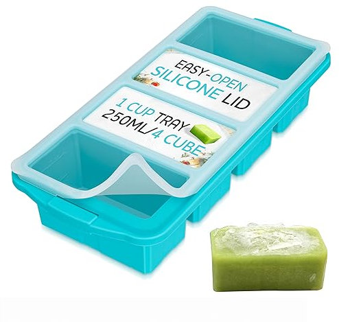 Silicone Freezer Tray With Lid - Soup Freezer Container molds - Large Ice Cube Tray- makes 8 perfect 1 cup portions cubes, 1-Pack Freezer Storage Food Soups & Meal Prep - Oven & Dishwasher -Safe
