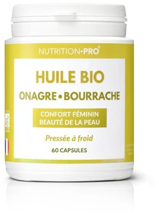Huile d'onagre/bourrache bio - 60 capsules | Confort féminin | Beauté de la peau | Pressée à froid | Santé/immunité | Bio/Ecocert | Fabriquée en France | Nutrition pro