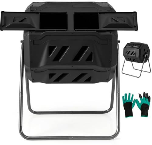 TANGZON Garden Tumbling Composter, 160L/164L Dual Chamber 360° Rotating Compost Bin with 2 Sliding Doors, Outdoor BPA Free Aerating Waste Bin Composting Tumbler (160L, 74 x 63 x 93 cm, Black)