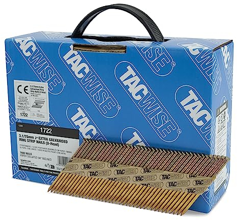 Tacwise 1722 Extra Verzinkte Rahmennägel 3,1/75 mm, D‘-Kopf, Ringschaft, mit 34° Neigung, Papiergebunden, Packung mit 1600 Stück, Silber