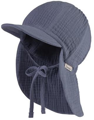Sterntaler Schirmmütze Nacken Musselin - Unisex Mütze aus Baumwoll Musselin (Bio) - UV-Schutz 50+ Sonnenhut mit Nackenschutz - Baby- und Kinder Sommer Kopfbedeckung zum Binden - graublau, Größe 51