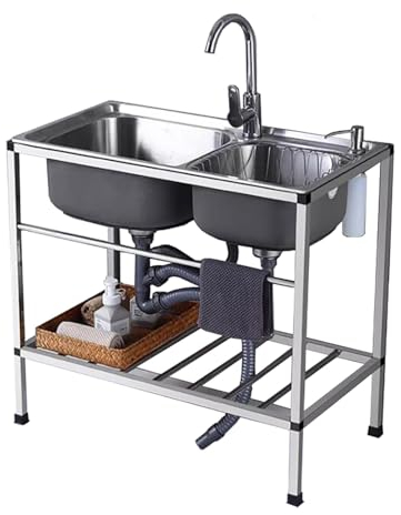 Spültisch Edelstahl 2 Becken Freistehende Spülbecken Außenspüle mit Warm- und Kaltwasserhahn, Küchenspüle Komplettspüle für Garage, Küche, Waschküche, Bauernhaus