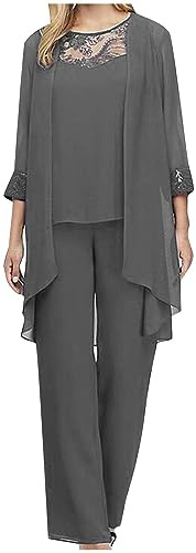 Mrat Conjunto de 3 piezas para mujer, casual, talla grande, pantalones de gasa para mujer, elegantes trajes de madre de la novia, cárdigan liso, chaleco de encaje sin mangas, conjunto de pantalones