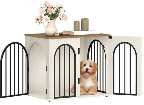 Hzuaneri Hundekäfig Möbel, 68cm Hundebox für Zuhause, 3 Türen, Bogentür, Moderne Hundebox Indoor für Hunde, Beistelltisch, Hundekäfig Hochbelastbar, 68 x 49 x 56 cm, Weiß Braun DFC85514B