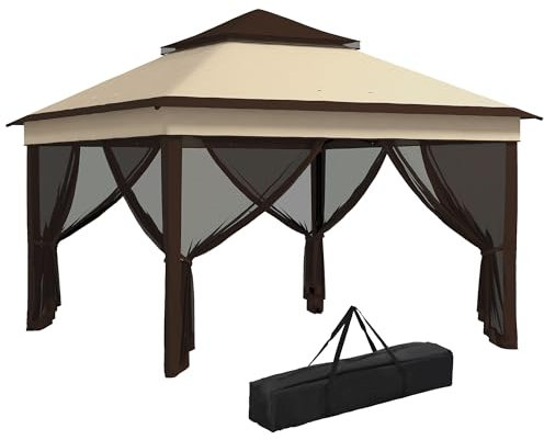 Outsunny Carpa Plegable 3x3x2,7 m Cenador de Jardín con Doble Techo Altura Ajustable 4 Mosquiteras Protección UV30+ Impermeable y Bolsa Gazebo para Exterior Fiestas Camping Beige y Café