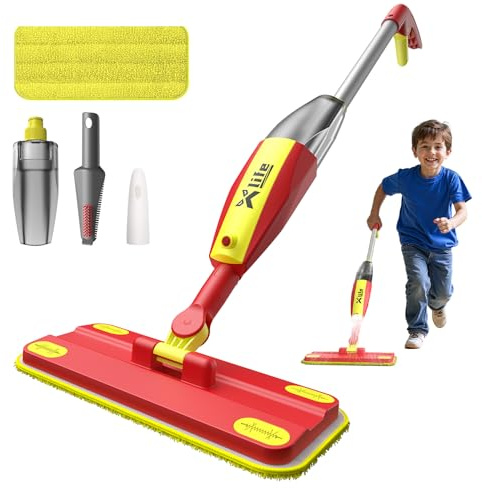 Xlife Kids Spray Mop Set - Montessori Toy for Ages 4-8 Real Water Sprayer & Sweeper Combo, Pretend Play Housekeeping Kit, Washable Pads (Red)