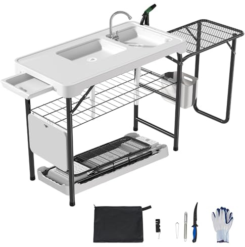 Dragosum Fish Cleaning Table, Portable Folding Camping Table with Folding Grill Extension Board, Fish Cleaning Station with Dual Sinks, Hose Hook Up