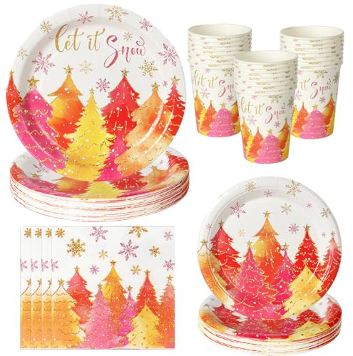 PYAILI 96 Piezas de Vajilla Navideña para 24 Personas - Incluye Platos, Vasos y Servilletas de Papel