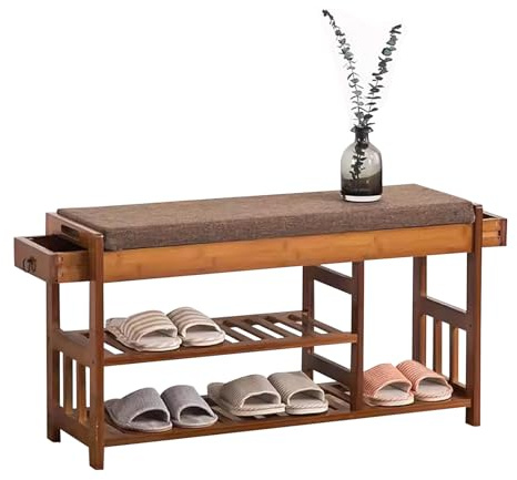 90 cm träbänk med skoställ i 3 nivåer, 2 sidolådor, snygg förvaringslösning för vardagsrum, hall, lera – elegant brun finish