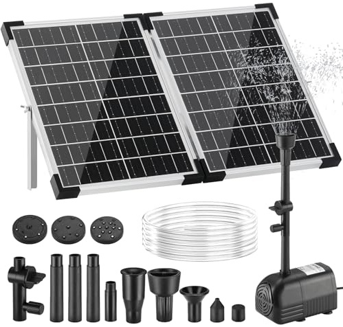 Clevich 35W Pompa Solare per Laghetto, 280 L/H, Massima 220 cm,per Stagni Grandi (8-15 m²), Pannello in Vetro 100% e Motore Senza Spazzole,4+4 Ugelli e 2Filtri,Cavo 5m,Set Specifico per Fontane Stagni