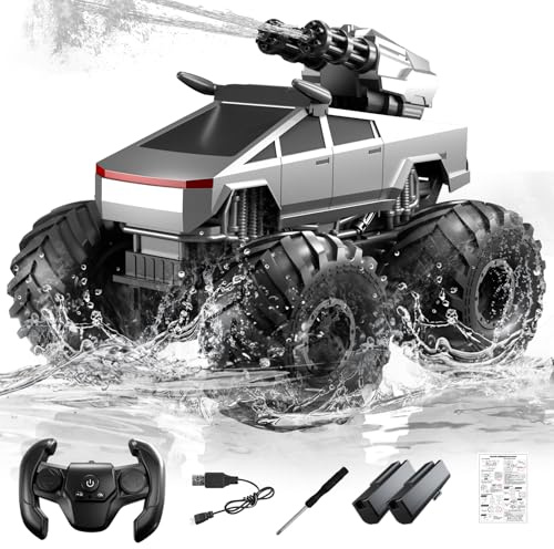 Remote Control RC Car, 1:18 Amphibious Remote Control Car,3-in-1 RC Monster Trucks/RC Boat/Water Gun,2.4GHz All Terrain Waterproof 4WD Off-Road RC Trucks Pool Toys Birthday Gift for Kids(Sliver)