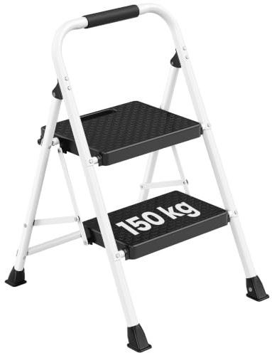 SONGMICS Escabeau en Acier, Marchepied Pliant à 2 Marches, Charge 150 kg | Charge Maximale 150 kg, pour Maison, Bureau, Jardin, 88 x 45,5 x 7,5 cm, Blanc, Collection BRODY GSL202WZ01