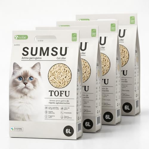 SUMSU Arena de Tofu para Gatos 24L (4X 6L), Aglomerante Rápida, 99% Sin Polvo, Control de Olores, Biodegradable, Desechable WC Aroma Leche (Milk Scent)
