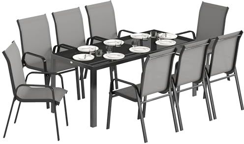 Outsunny Set Tavolo e Sedie da Giardino 9 Pezzi, Set Pranzo Esterno con Tavolo in Vetro Temperato, 8 Sedie Impilabili in Texteline, Set Mobili da Giardino per Terrazza Balcone Patio, Grigio Chiaro