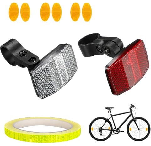 Kit de Reflectores para Bicicleta con 2 Reflectores Delanteros Blancos, 2 Traseros Rojos, Cinta Reflectante de 8 m y 6 Reflectores para Radios, Accesorios de Seguridad para MTB, Carretera, Ciudad y E-