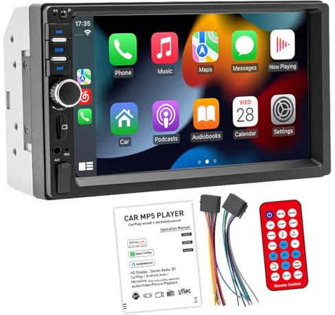 PolarLander universal 2 DIN Autoradio Wired Carplay Android Auto Reproductor de MP5 con pantalla táctil de 7, Bluetooth radio automática, reproductor multimedia para coche, soporte estéreo automático