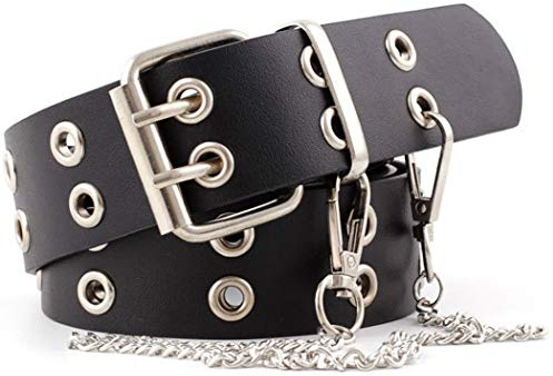 INOGIH Cintura in pelle con doppia passante, stile punk, con catena, per jeans, abiti da donna, Nero (con catena), taglia unica