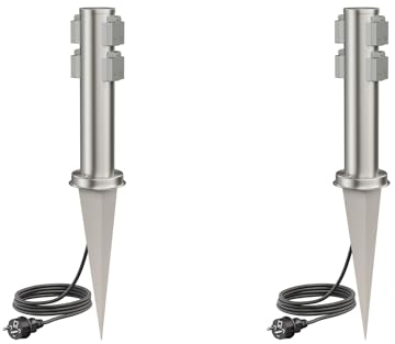 ledscom.de 2 Stück Garten-Steckdosen-Säule PORU mit Erdspieß und 2m Kabel für außen, 4-Fach, Edelstahl, rund, 38cm