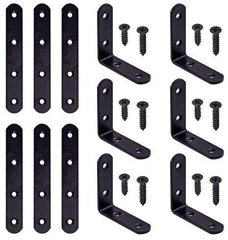 Swpeet - Set di 86 staffe angolari in ferro nero e acciaio inox, staffe a L in metallo e staffe piatte dritte per mensole di supporto, piastra di giunzione con viti (65 x 65 x 3 mm, 130 x 20 x 3 mm)