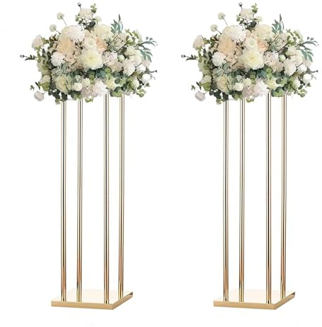 simprefine Pack of 2 32 Inch Tall Wedding Flower Vase Metal Flower Stand Gold Display Column Elegant Table Centerpiece for Flower Arrangements