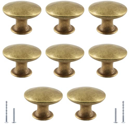 Moicstiy 8Pcs Antique Brass Kitchen Cabinet Knobs Handle Pulls, 30mm Vintage Round Drawer Knob Pulls for Dresser, Cupboard, Bathroom, Kitchen, Closet