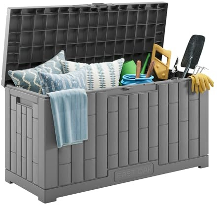 EAST OAK Caja grande de 60 galones, caja de almacenamiento para exteriores con candado para muebles de patio, cojines de patio, herramientas de jardinería, suministros de piscina, impermeable y