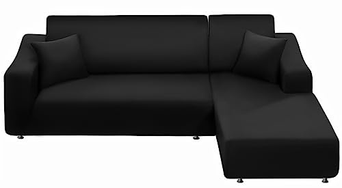 NAISI Couch Cover L Shape 2 Pieces Sofa Cover Soft Stretch Slipcovers with 2pcs Pillowcases Furniture Protector Sectional Couch Covers 3 Seater + 3 Seater(Black)