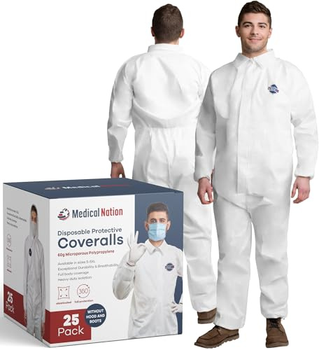 Hazmat Suits Disposable | 25 Pack, 4X-Large | Non-Hooded Protective Coveralls - Heavy Duty Full Body Painters Suit for Men & Women Without Hood - Breathable & Water Resistant - 4XL