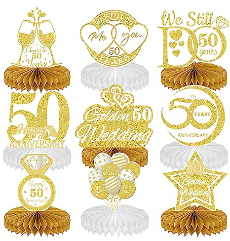Decoraciones de Mesa de Aniversario De boda Doradas 9Pcs Dorado Decoraciones Centros de Mesa de Panal de Abeja Brillante Fiesta Decoración de Mesa para Celebrar 50th Aniversario de Boda Romántica