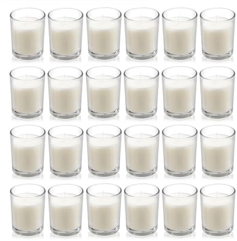 Housecret 24 Pack Warm White Unscented Clear Glass Filled Votive Candles. Hand Poured Wax Candle Ideal Gifts for Aromatherapy Spa Weddings Birthdays Holidays Party