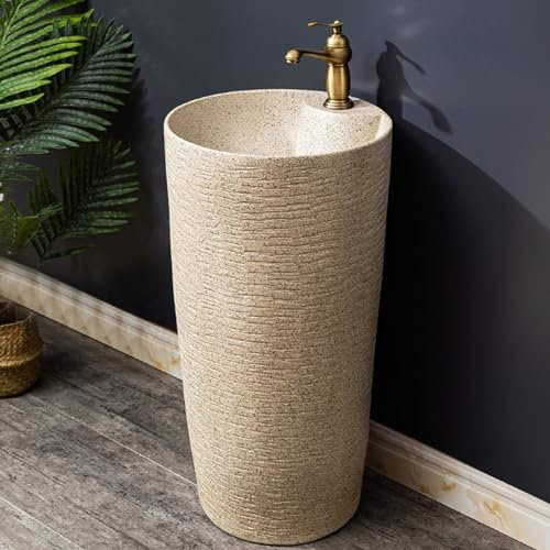 Lavandino In Ceramica, Lavabo su piedistallo in ceramica per bagno, con rubinetto caldo e freddo, Lavabo da bagno su piedistallo con troppopieno, Lavabo a colonna intagliato a mano