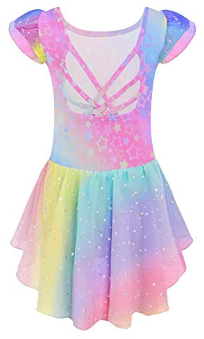 Arshiner Mädchen Ballett Tutu Ballettkleid Kinder Ballettkleidung Baumwolle Ballettanzug Regenbogen Tanzbody mit Chiffon Rock Tütü 150/7-8 Jahre