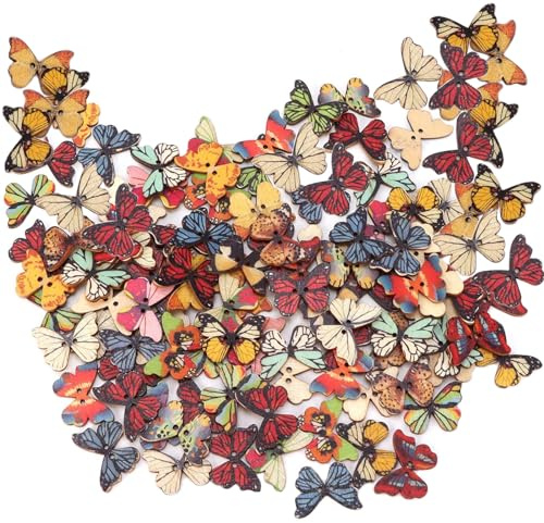 200 Stück Gemischte Farben Holzknöpfe, 22mm 2 Löcher Schmetterling Dekorative Knöpfe, Multicolor Holz Tasten Schmetterlingsknöpfe,Bastelknöpfe Nähknopf Kinderknöpfe zum Nähen,Handwerk,DIY Basteln,Deko