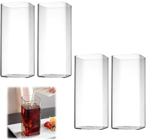 DAKLUNAR 4 Stück 13 Oz Klare Trinkgläser 400ml Dünne Quadratische Wassergläser Set Longdrinkgläser Elegante Bargläser Gläser für Wasser, Saft, Bier Getränke Cocktails, Drink, Party, Modernes Design