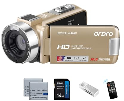 ORDRO Full HD 1080P 30MP Camcorder 18-facher Digitalzoom IR-Nachtsicht YouTube-Videokamera 3,0 Zoll 270° drehbarer Bildschirm mit 16 GB Karte und 2 Akkus Vlogging-Kamera (Gold)