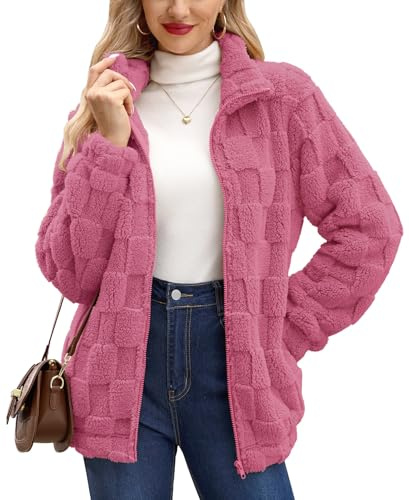 BesserBay Giacca invernale da donna con colletto alto in pile teddy, calda, con zip completa e tasche, felpa con zip S-XXL, S