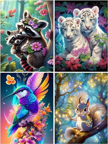 WHATWEARS 4 Stück Diamond Painting Set für Erwachsene, Diamond Painting Bilder Tiere - Waschbär/Tiger/Kolibri/Eichhörnchen, DIY 5D Diamond Malerei für House Wall Dekoration(30x40cm)