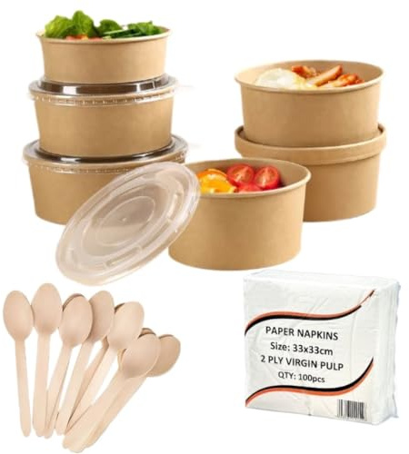HOT BARGAINS Kraft Paper Salad Bowls with Lids, Wooden Spoons and Napkins, 26oz/750ml, Pack of 100