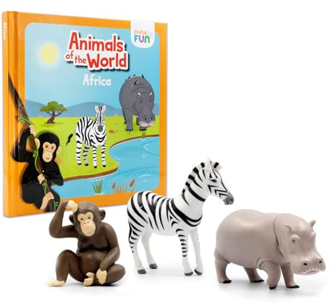 DOKTOR FUN 3 Figuras de Animales de Juguete - Descubre África - Miniaturas del Mono, Cebra e Hipopótamo - Incluye Libro Ilustrado con 3 Historias y Curiosidades Niños de 3 Años o Más